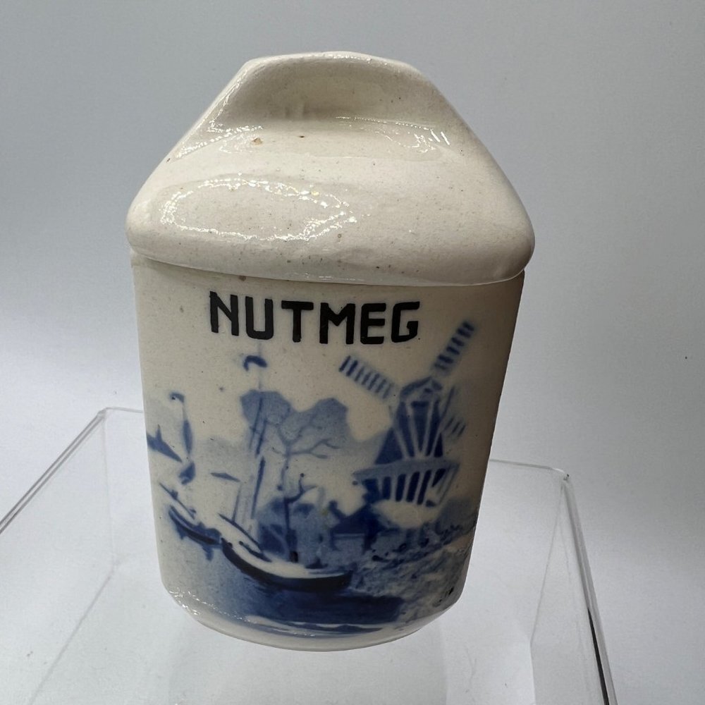 Vintage Blue White Delft Style Windmill Porcelain Spice Jar Nutmeg German